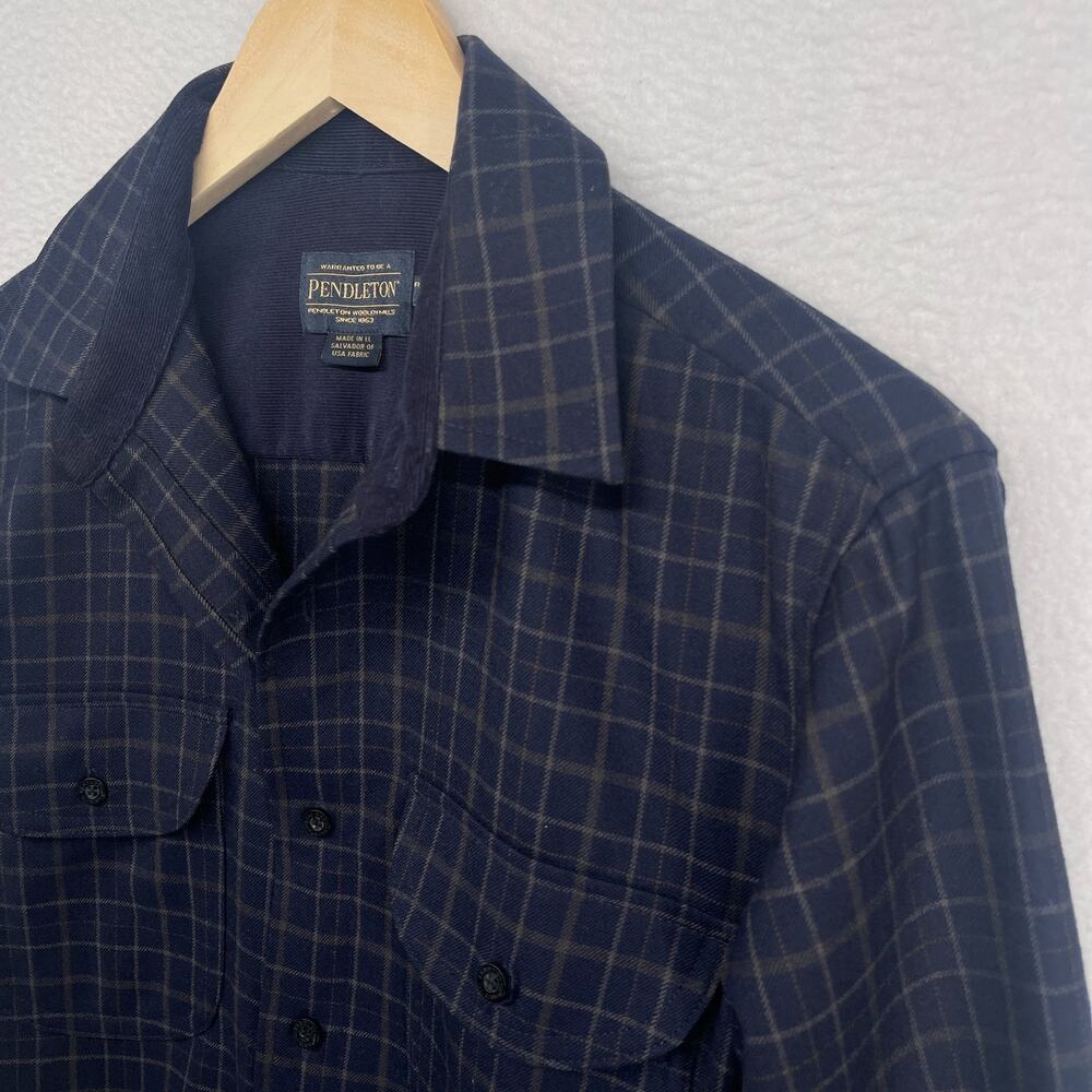 PENDLETON Shirt Mens S Virgin Wool Plaid Flannel Fitted Utility Button Up Blue - Picture 2 of 12